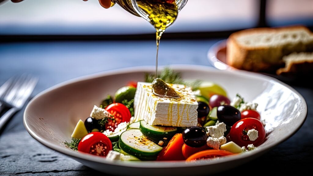 View of a hand pouring olive oil into a white dish holding a fresh salad with feta cheese, tomatoes, and cucumbers. Generative AI